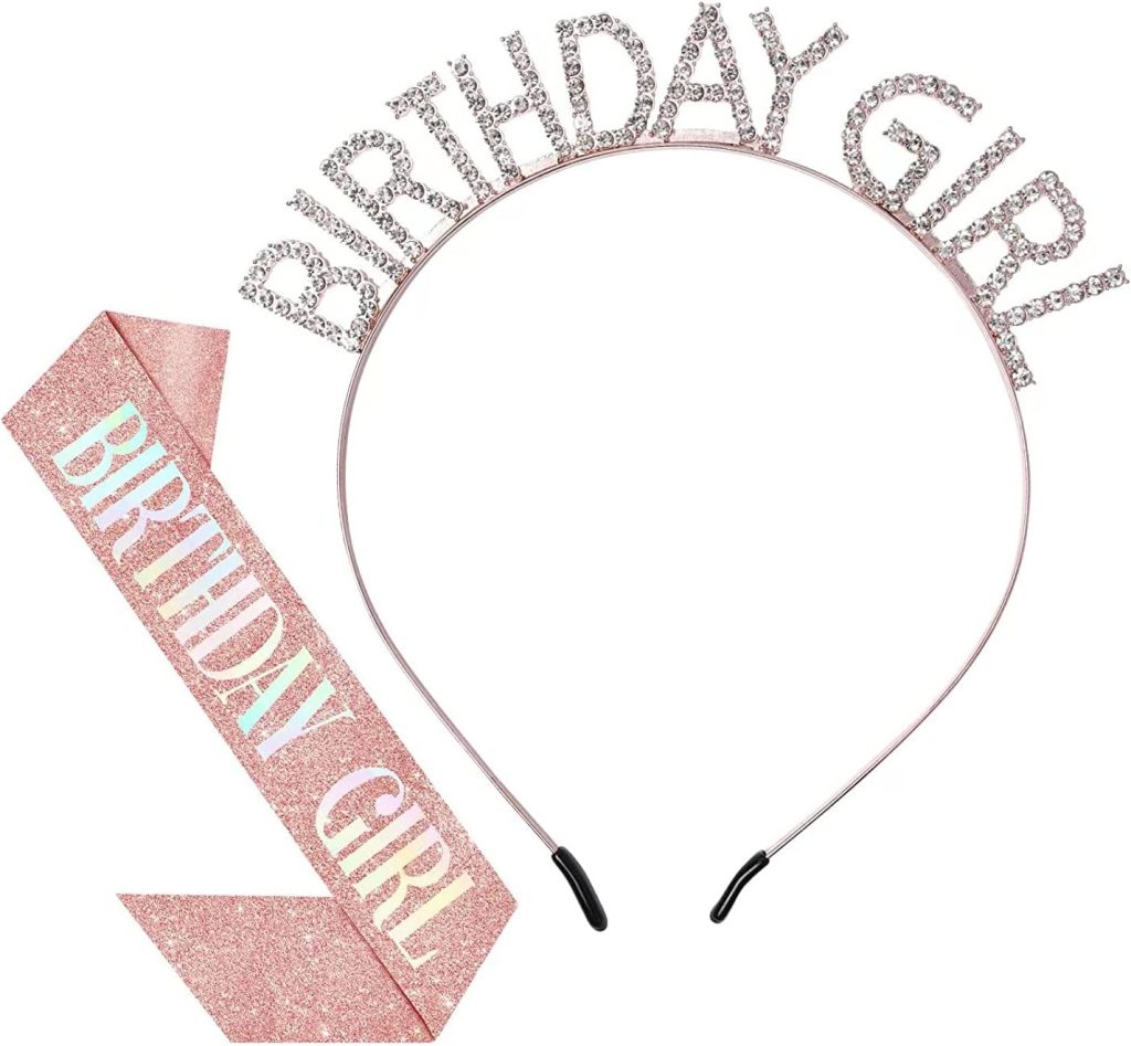 Rose Gold Birthday Crown and Sash Set for Women - Tiara, Headband, Princess Rhinestone Crown, Party Girl Sweet Hair Accessories - Happy Birthday Gift
