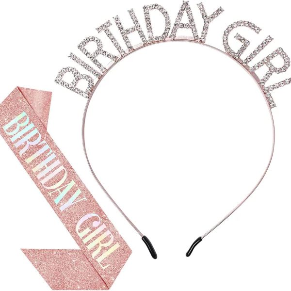 Rose Gold Birthday Crown and Sash Set for Women - Tiara, Headband, Princess Rhinestone Crown, Party Girl Sweet Hair Accessories - Happy Birthday Gift