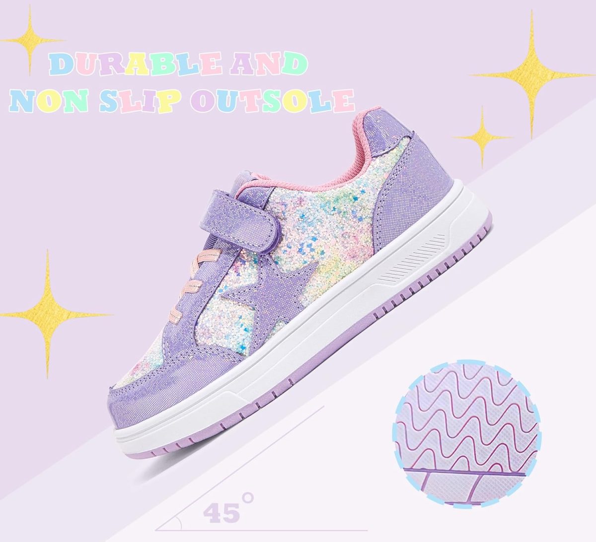 ⁦LUCKY STEP Kid's Glitter Walking Shoes Shiny Sparkly Sequins Fashion Sneakers Hook and Loop Athletic Unisex-Child Casual Running for Children/Boys/Girls⁩ - الصورة ⁦3⁩
