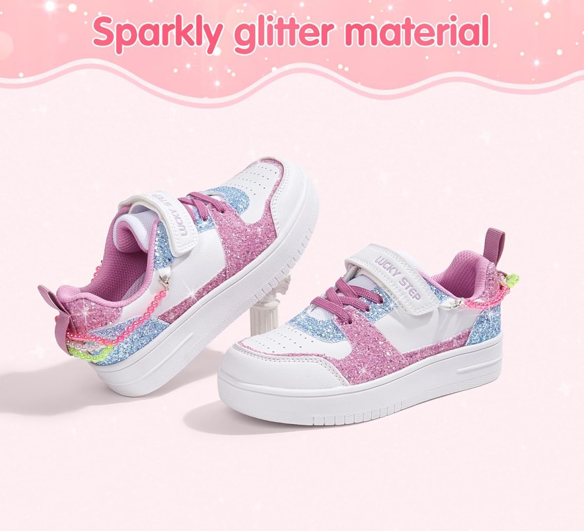 ⁦LUCKY STEP Girl's Glitter Sneakers Slip On Hook and Loops Athletic Sparkly Beads Casual Tennis School Party Cute Running Shoes for Children/Girls/Kids⁩ - الصورة ⁦2⁩