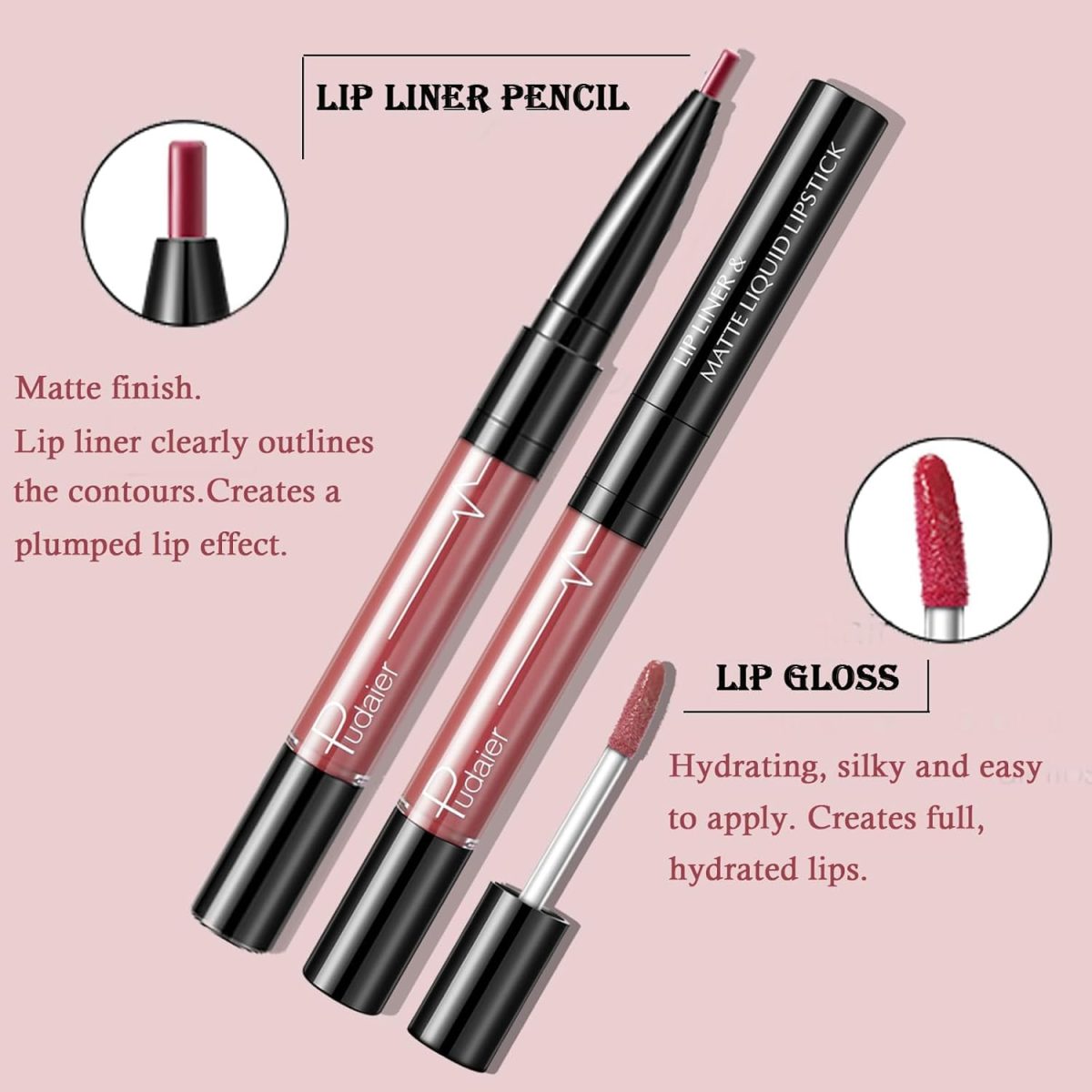⁦EXCEFORE Lip Liner and Lipstick Set, Matte Liquid Lipstick and Lip Liner Pens Set, Up to 12 Hour Wear, Non-Stick Cup Lip Gloss & Lip Line Pencil Set For Women (Bean Paste Color)⁩ - الصورة ⁦4⁩
