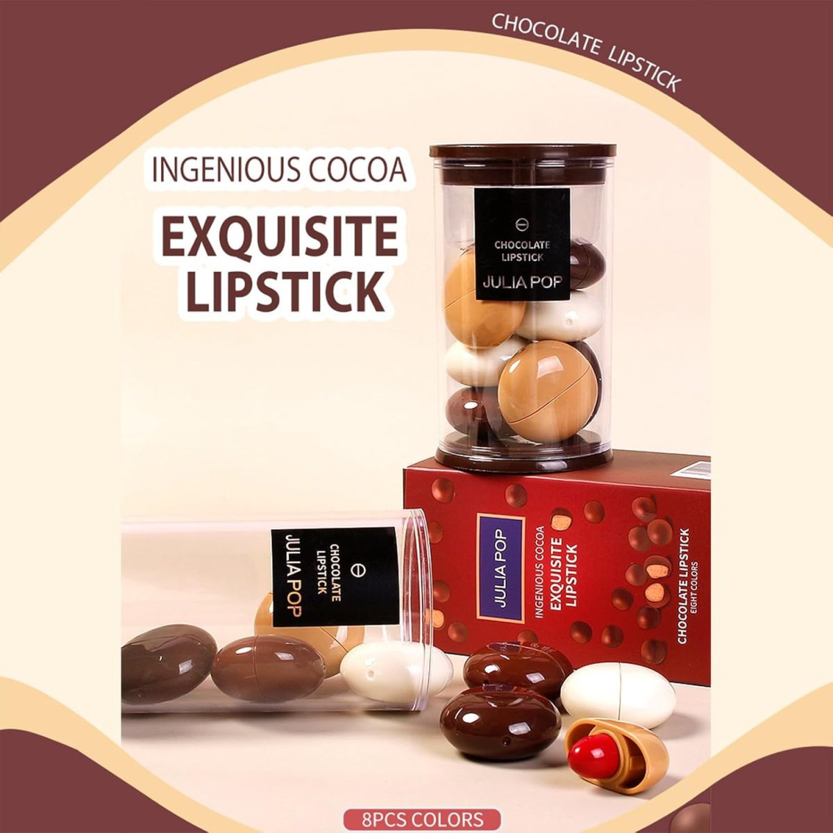 ⁦CHSEEO Mini Lipstick Set Chocolate Shape 8 Colors Velvet Matte Lip Gloss, Long Lasting Waterproof Pro, Mini Lipsticks Gift Box for Women and Girls Beauty Cosmetics - F⁩ - الصورة ⁦2⁩
