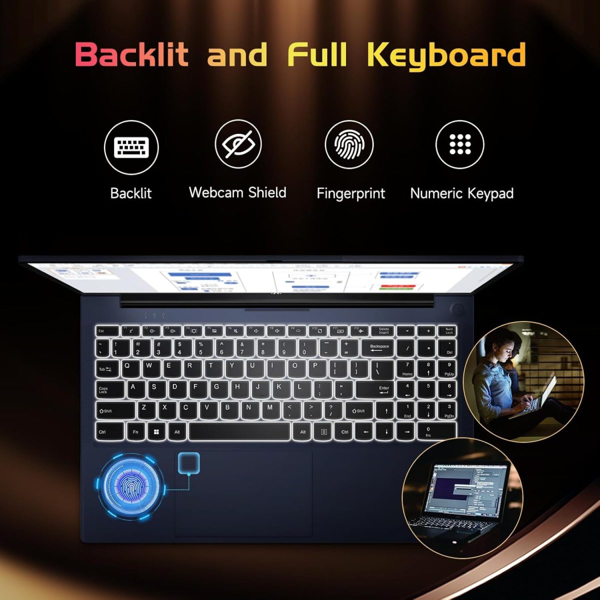 ⁦15.6-FHD-Laptop Student-Laptop, 16GB RAM 1TB SSD, Intel Pentium Quad-Core N100 Processor (Up to 3.4GHz) Backlit Keyboard Fingerprint WiFi 6 BT5.2 Business-Laptop, 2 Years Warranty Windows 12 Laptop⁩ - الصورة ⁦3⁩