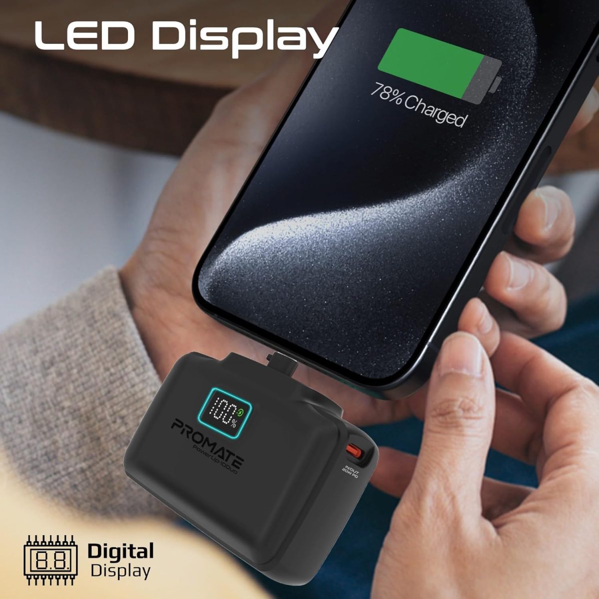 ⁦Promate 10000mAh Power Bank, Compact with 20Watt USB-C™ In/Out Foldable Connector, 20Watt Lightning Foldable Connector, Ultra-Fast 20Watt USB-C™In/Out Port, Charge Protection, LED Display (Black)⁩ - الصورة ⁦8⁩