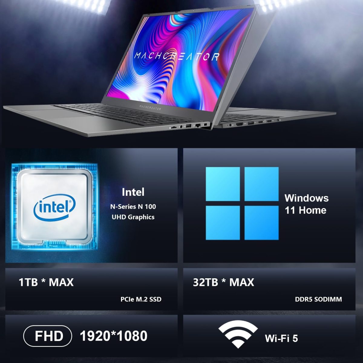 ⁦Machenike 17.3’’ Laptop, Intel Processor, 16GB DDR5 RAM, 1TB SSD, Backlit Keyboard, Large-Screen with 120Hz Refresh Rate, Perfect for Work, School, and Streaming, Windows 11 Home, Modern Grey⁩ - الصورة ⁦5⁩
