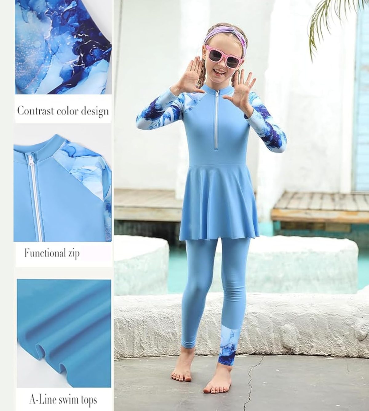 ⁦Maxmana Secret 3Pcs Girls Long Sleeve Swimsuit Bathing Suit Modest Muslim Swimsuit Set Rash Guard Swimwear Full Coverage Swimwear⁩ - الصورة ⁦4⁩