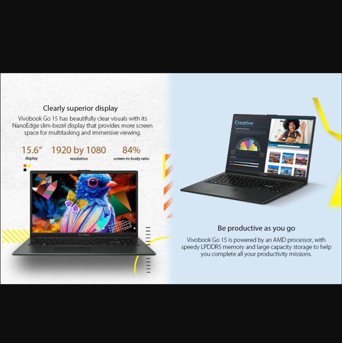 ⁦ASUS Vivobook Go 15.6” Business Slim Laptop, AMD Ryzen 3 7320U, 8GB DDR5 RAM, 1TB SSD, Webcam, USB C, 180° Lay-Flat, WiFi, Bluetooth5.1, Win 11, w/Cloth⁩ - الصورة ⁦3⁩