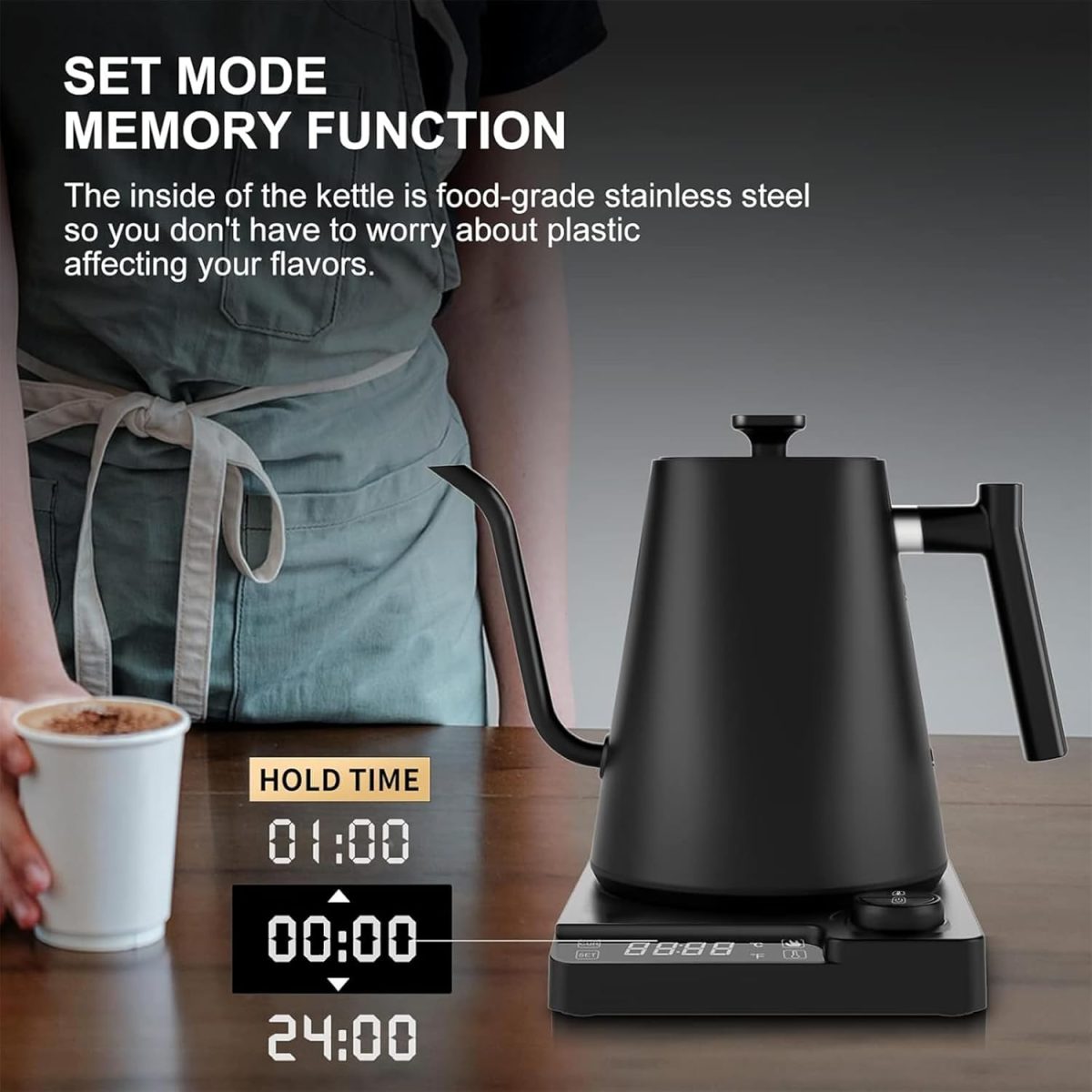 ⁦Pomefar Electric Gooseneck Kettle,Tea & Coffee Kettle with Precision Temp Control, 1200W Rapid Heating 304 Stainless Steel 1L Gooseneck kettle, 24H Keep Warm, Auto Shut-Off, Matte Black⁩ - الصورة ⁦4⁩