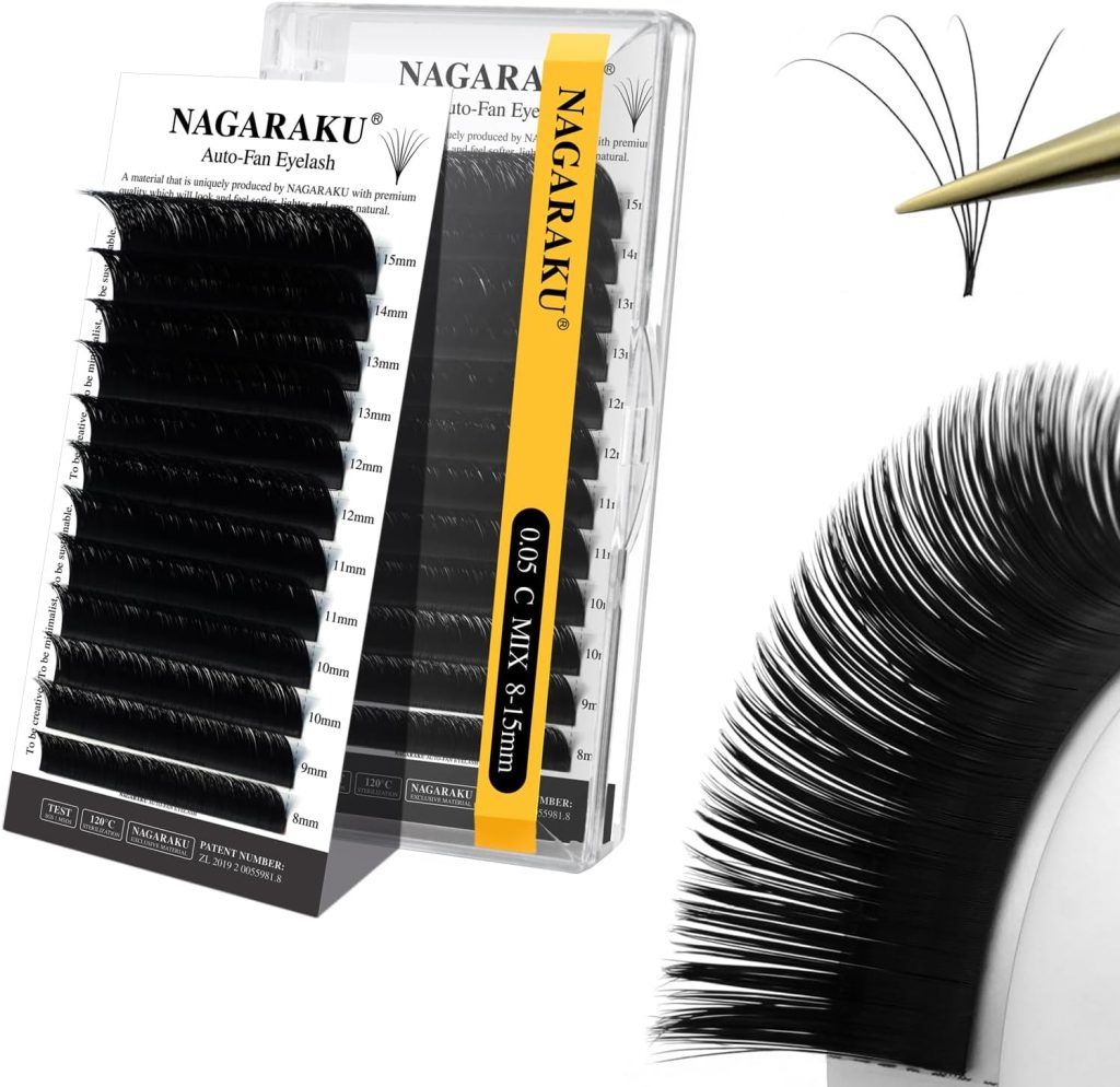 NAGARAKU Easy Fan Lashes 2D~20D Self-Fan Automatic Bloom Bouquet Eyelash Extension Russian Natural Volume Technique Touffe Lashes Easy Unfold Easy Fanning Eyelash Black (0.05C 8-15mm)