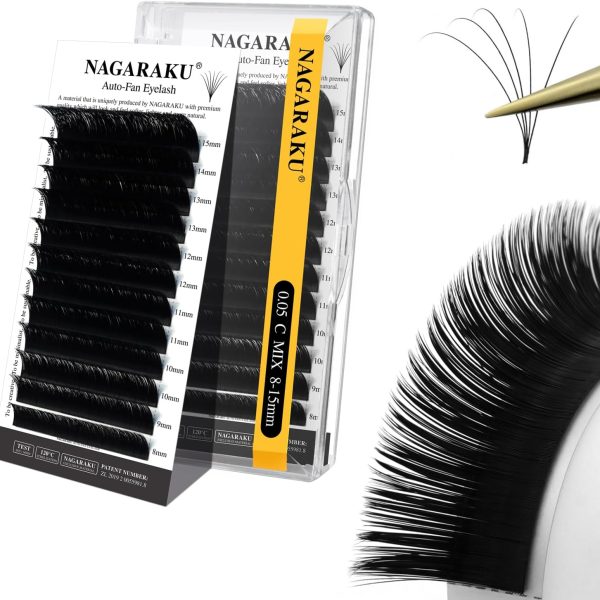 NAGARAKU Easy Fan Lashes 2D~20D Self-Fan Automatic Bloom Bouquet Eyelash Extension Russian Natural Volume Technique Touffe Lashes Easy Unfold Easy Fanning Eyelash Black (0.05C 8-15mm)