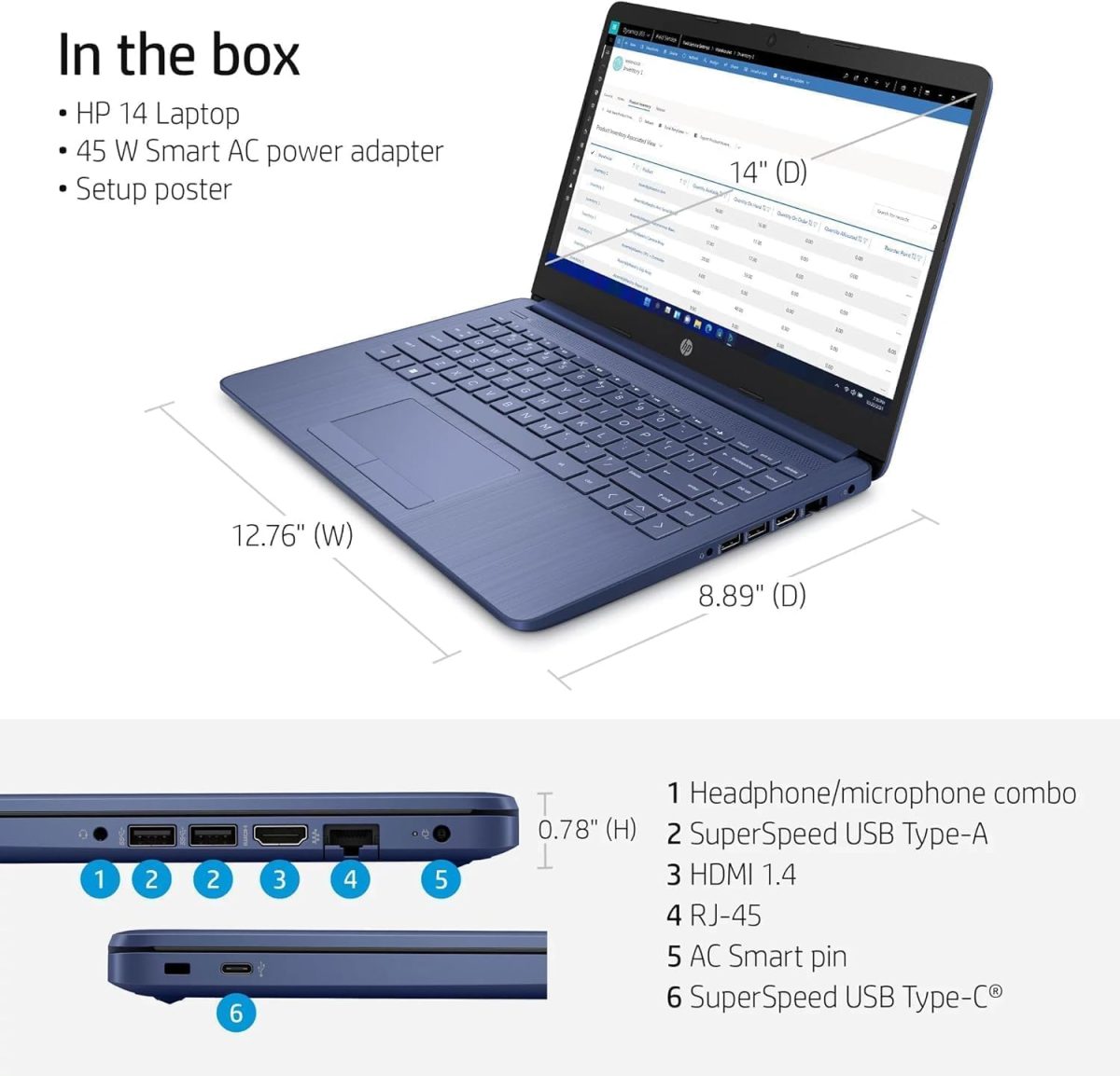 ⁦HP New 14" HD Ultral Light Thin Laptop, Quad-Core Intel Celeron Processor, 16GB RAM, 564GB (64GB eMMC+ 500GB Ext), Wi-Fi, Upto 11 Hours, Windows 11 S + 1 Year Office 365+HubxcelAccessory, Royal Blue⁩ - الصورة ⁦6⁩