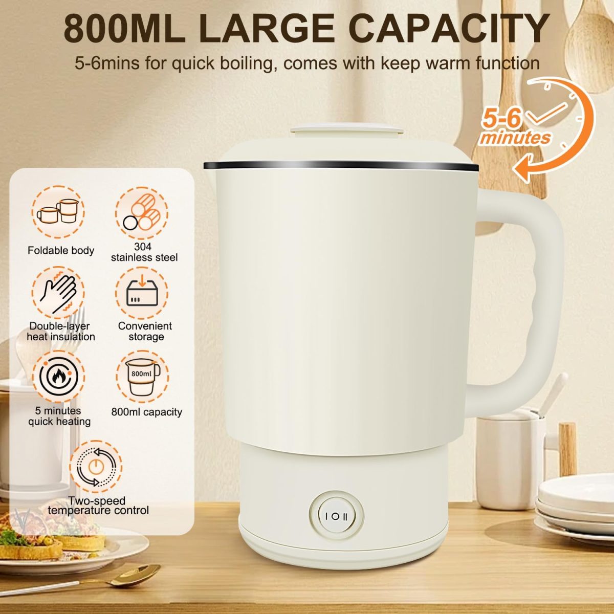 ⁦ANYOUI 4 in 1 Electric Kettle,0.8L Portable Kettle with Two Temperature Modes for Cooking, Tea, Eggs,5Mins Fast Boiling,600W Stainless Steel Kettle with Detachable Base for Camping, Travel,and Office⁩ - الصورة ⁦3⁩
