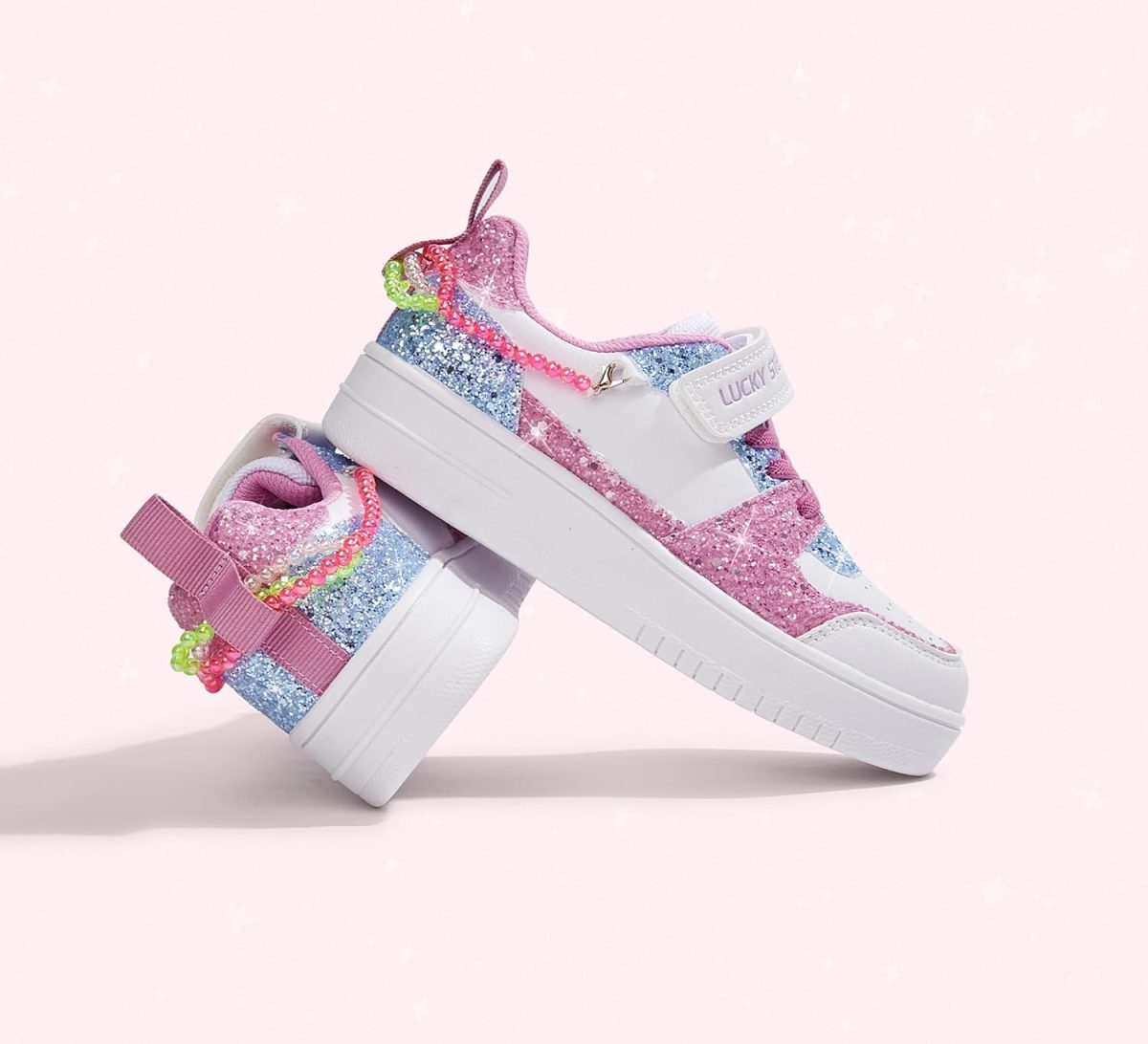 ⁦LUCKY STEP Girl's Glitter Sneakers Slip On Hook and Loops Athletic Sparkly Beads Casual Tennis School Party Cute Running Shoes for Children/Girls/Kids⁩ - الصورة ⁦8⁩
