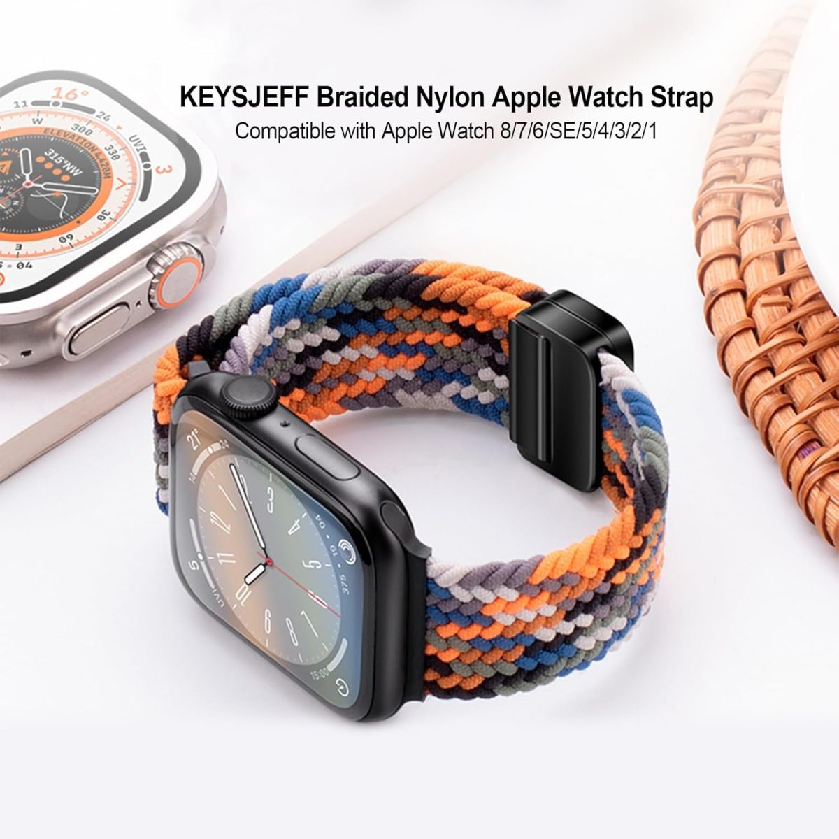 ⁦KEYSJEFF Compatible with Apple Watch Strap 45mm 44mm 42mm 41mm 40mm, Braided Nylon Sport Band Adjustable Elastics Magnetic Buckle Straps for Iwatch Series 9/8/7/6/SE/5/4⁩ - الصورة ⁦2⁩