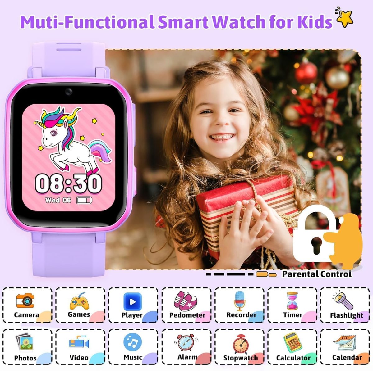 ⁦DMG Kids Smart Watch, 26 Educational Games, Music Player, Pedometer, Alarm Clock, Touch Screen, Learning & Activity Tracker Toy Gift for Boys & Girls Ages 4-12, Birthday & Holiday Present (Purple)⁩ - الصورة ⁦3⁩