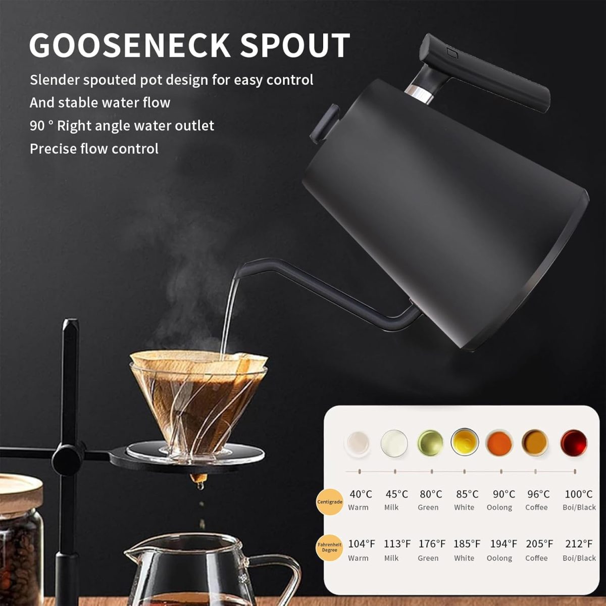 ⁦Pomefar Electric Gooseneck Kettle,Tea & Coffee Kettle with Precision Temp Control, 1200W Rapid Heating 304 Stainless Steel 1L Gooseneck kettle, 24H Keep Warm, Auto Shut-Off, Matte Black⁩ - الصورة ⁦2⁩