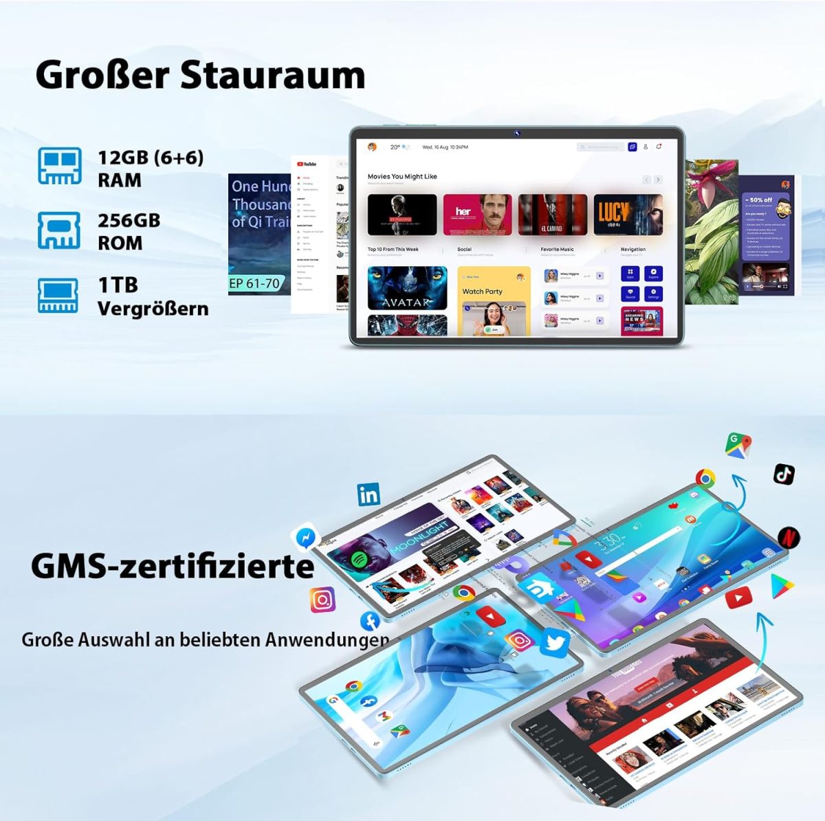 ⁦Android Tablet, 11 Inch Tablet Android 14 with Keyboard, 12GB + 256GB, 1TB Expand, Tablet PC with Octa-Core, 8000mAh, 2.4G/5G WiFi, 13MP + 5MP Camera, 2-in-1 Tablet with Keyboard Bag, Mouse, Stylus⁩ - الصورة ⁦5⁩