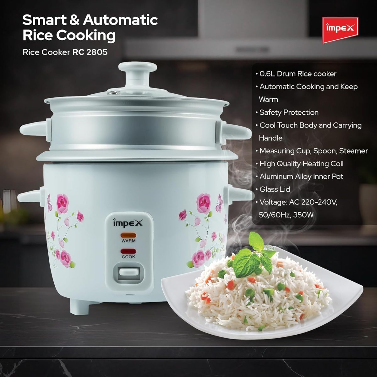 ⁦Impex RC 2805 Electric Rice Cooker 0.6 Ltr 350W Drum Rice Cooker With Aluminium inner pot⁩ - الصورة ⁦7⁩