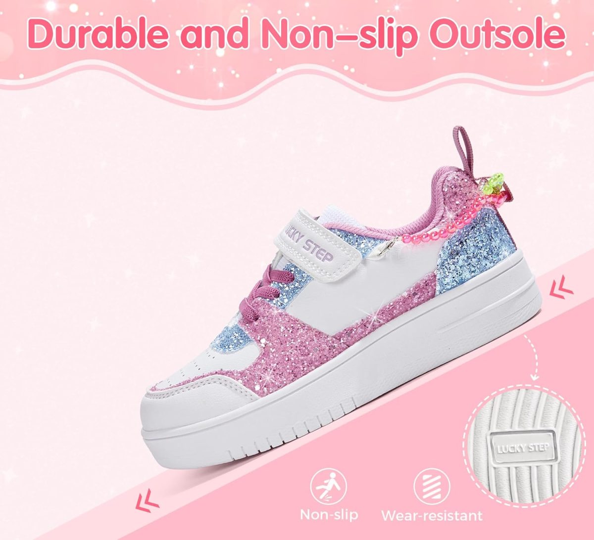 ⁦LUCKY STEP Girl's Glitter Sneakers Slip On Hook and Loops Athletic Sparkly Beads Casual Tennis School Party Cute Running Shoes for Children/Girls/Kids⁩ - الصورة ⁦5⁩