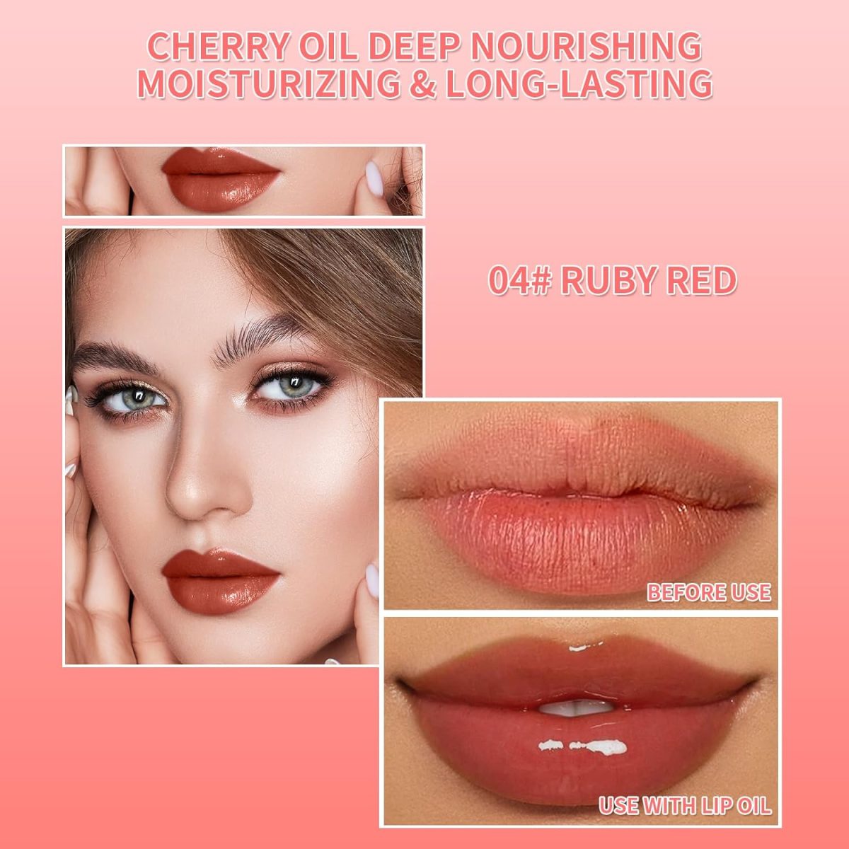 ⁦Lip Glow Oil Color Reviver Cherry Oil, Hydrating Lip Glow Oil Long-Lasting Nourishing Lip Gloss Moisturizing Non-Sticky Plumping Lip Stain Tinted Cherry Oil Lip Care (Ruby Red)⁩ - الصورة ⁦6⁩