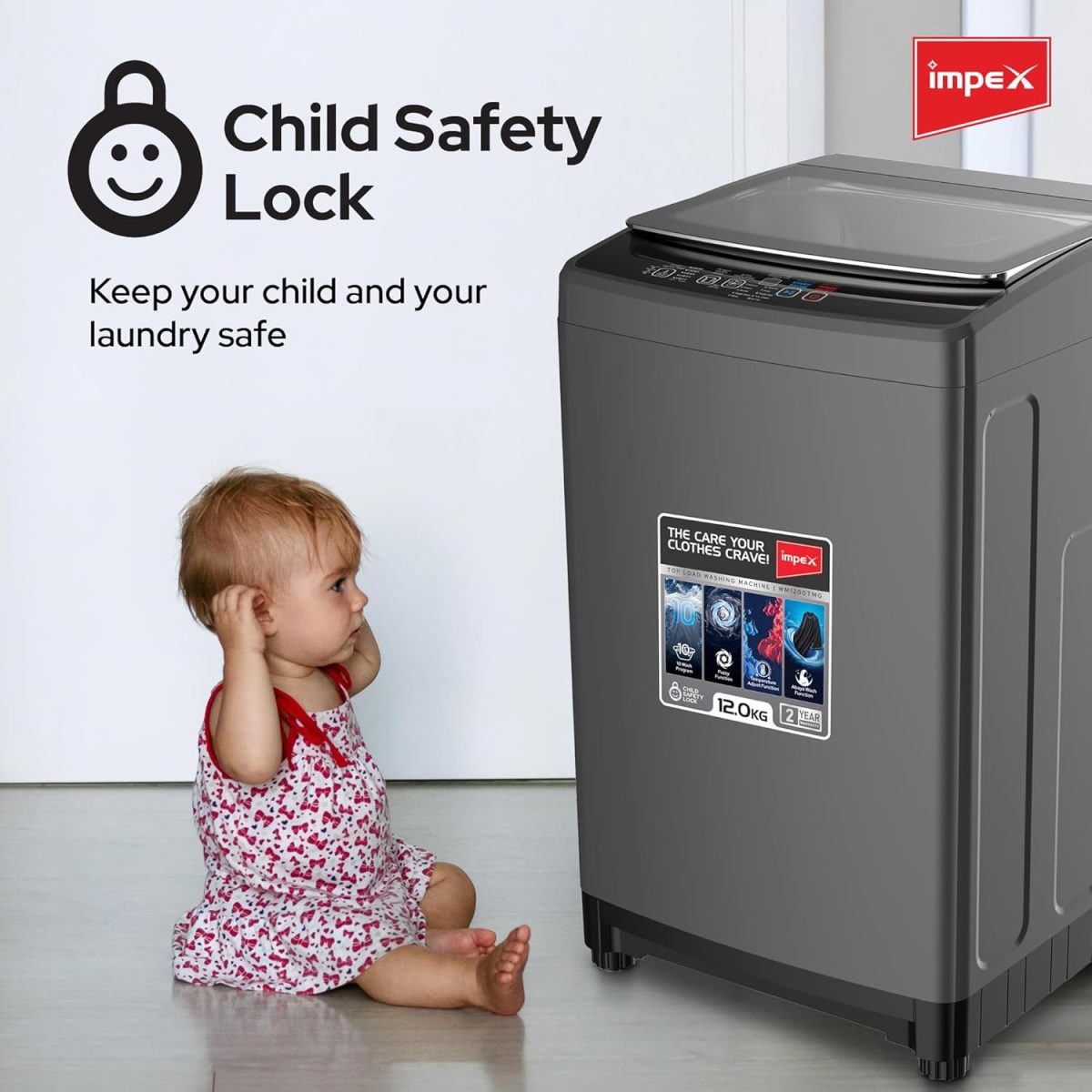 ⁦Impex 12Kg Fully Automatic Top Load Washing Machine | Dual Inlet (Hot/Cold) | 10 Wash Programs | Child Lock | Auto Restart | Metallic Body | Water Resistant | Detergent Tray | Dark Grey | WM1200TMG⁩ - الصورة ⁦5⁩
