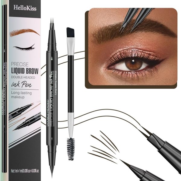New 2-In-1 Dual-ended Microblading Eyebrow Pen,with Micro-Fork-Tip and Precise Brush-Tip,Waterproof and Sweat Proof,with Eyebrow Brush,Long-Lasting (Black Brown)