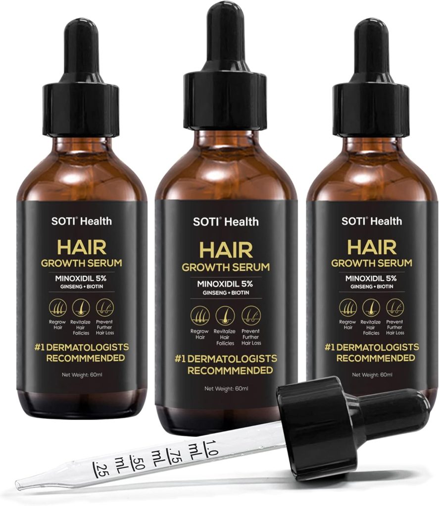 Soti Minoxidil 5% Hair Growth, Hair Loss Regrowth Serum. Made in USA! Dermatologists Recommended. Ginseng and Biotin Extra Strength Formula (3 Pack)
