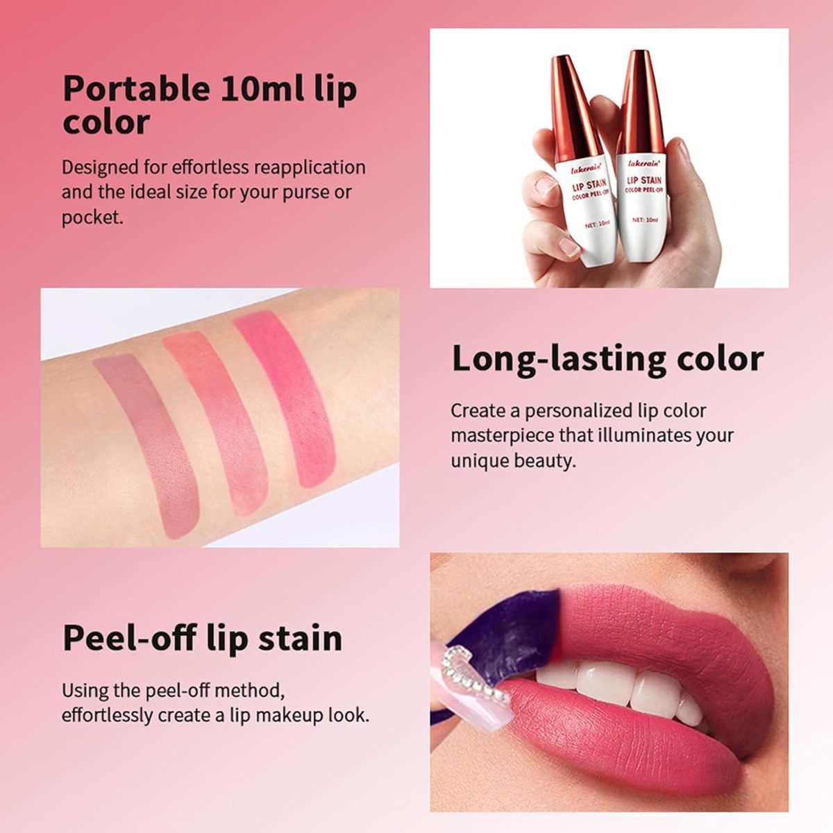 ⁦3Pcs Peel Off Lip Liner Stain, Peel Off Lip Stain Lip Tint, Long Lasting Waterproof Lip Liner Stain Peel Off Liquid Lipstick, Matte Finish Lip Stain Peel Off Makeup for Women Girls⁩ - الصورة ⁦4⁩