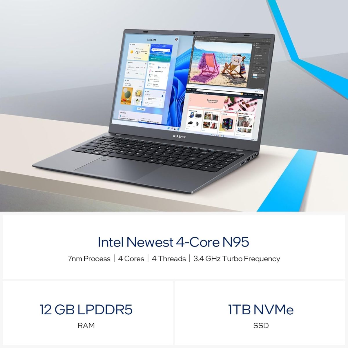 ⁦WIPEMIK Laptop Computer, 12GB LPDDR5 RAM Laptop 1TB SSD, Quad-Core N95, 15.6 Inch 1080P IPS Display Win11 Pro Laptops, WiFi 5, BT 5.0, Fingerprint, USB Type-C⁩ - الصورة ⁦2⁩