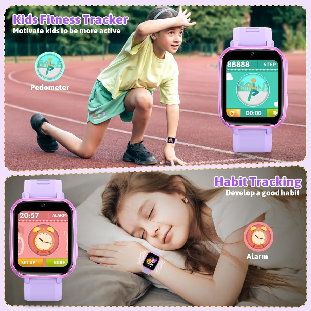 ⁦DMG Kids Smart Watch, 26 Educational Games, Music Player, Pedometer, Alarm Clock, Touch Screen, Learning & Activity Tracker Toy Gift for Boys & Girls Ages 4-12, Birthday & Holiday Present (Purple)⁩ - الصورة ⁦7⁩