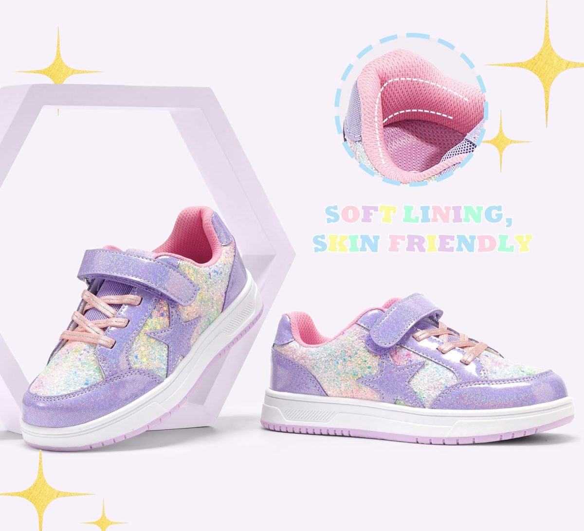 ⁦LUCKY STEP Kid's Glitter Walking Shoes Shiny Sparkly Sequins Fashion Sneakers Hook and Loop Athletic Unisex-Child Casual Running for Children/Boys/Girls⁩ - الصورة ⁦5⁩