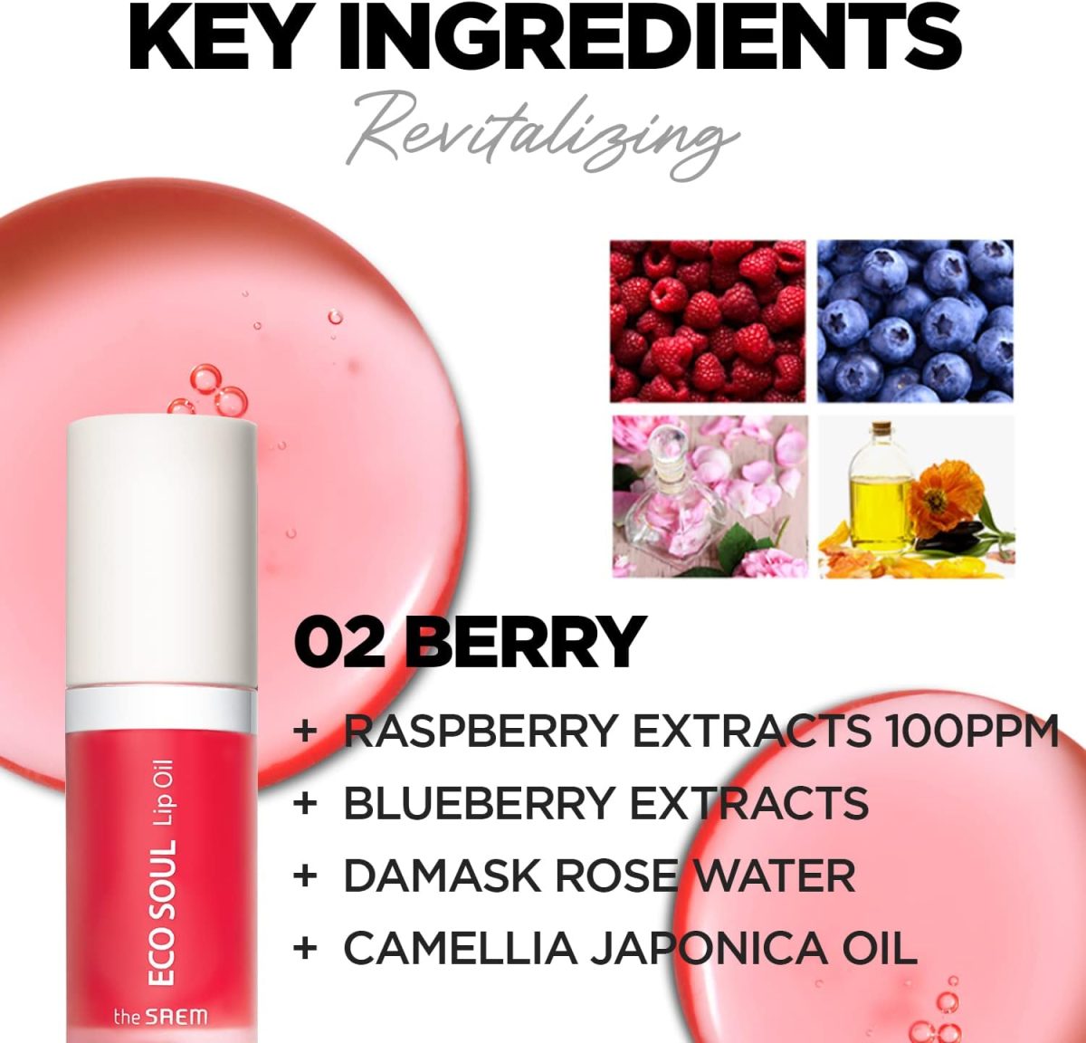 ⁦THE SAEM Eco Soul Lip Oil 02 Berry - Plumping & Hydrating Lip Oil to Nourish & Moisturize Lips – Berry Extract & Rose Water - Lips Soft & Glossy for Dry Lips, 0.21 fl.oz.⁩ - الصورة ⁦4⁩