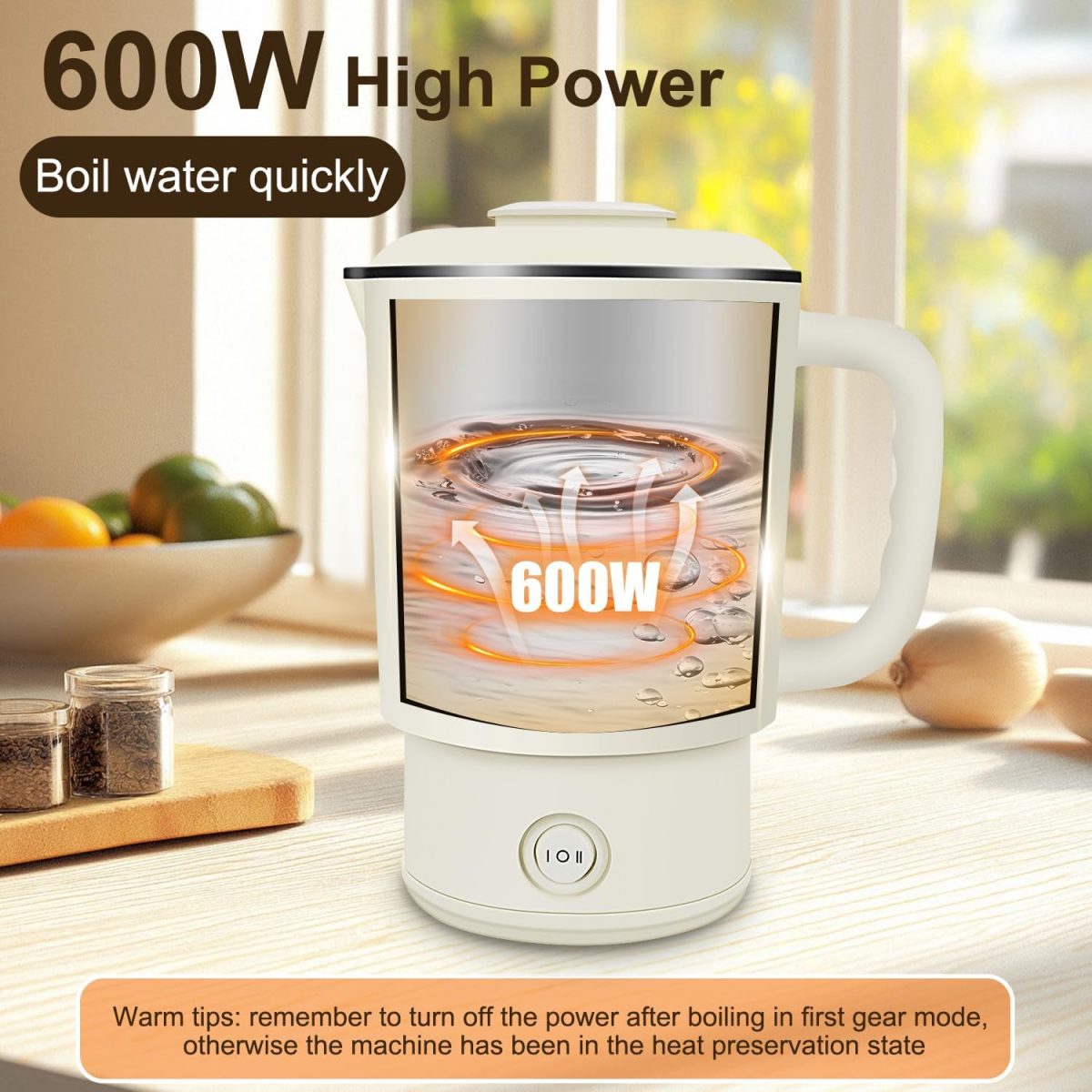 ⁦ANYOUI 4 in 1 Electric Kettle,0.8L Portable Kettle with Two Temperature Modes for Cooking, Tea, Eggs,5Mins Fast Boiling,600W Stainless Steel Kettle with Detachable Base for Camping, Travel,and Office⁩ - الصورة ⁦2⁩