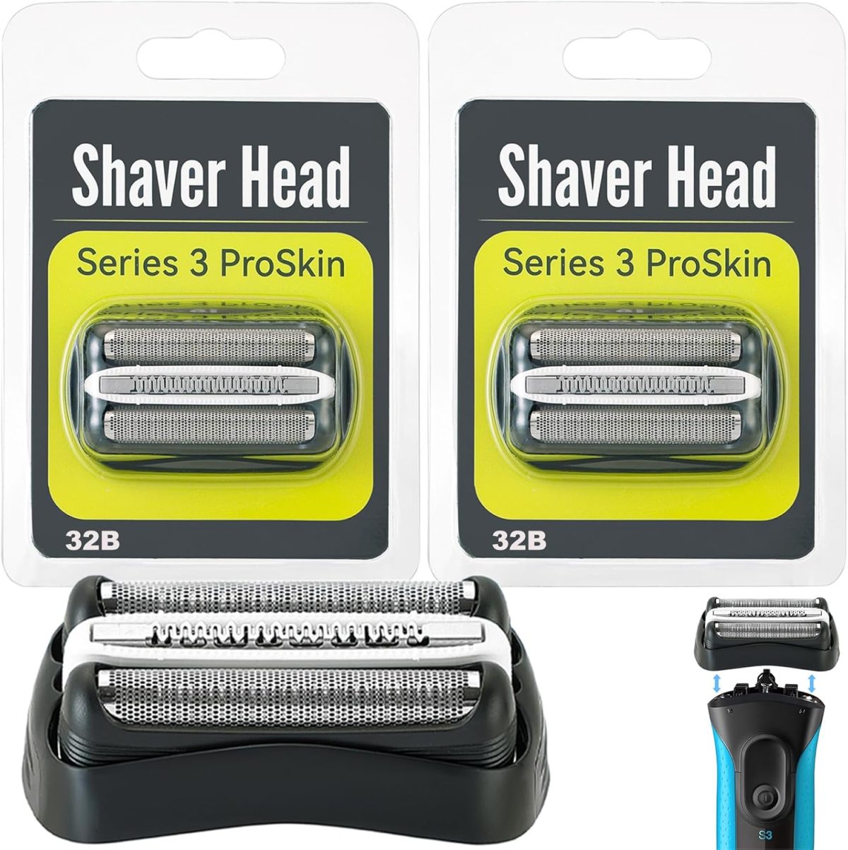 Series 3 32B Replacement Shaver Head for Braun, Foil & Cutter Razor Replacement Head, Compatible with Braun 301S, 310S, 320S, 330S, 340S, 360S, 3000S, 3010S, 30S, 3020S, 350CC, 370CC, 3050CC (2 PACK)