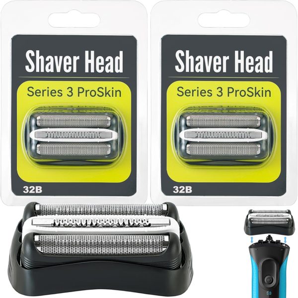 Series 3 32B Replacement Shaver Head for Braun, Foil & Cutter Razor Replacement Head, Compatible with Braun 301S, 310S, 320S, 330S, 340S, 360S, 3000S, 3010S, 30S, 3020S, 350CC, 370CC, 3050CC (2 PACK)