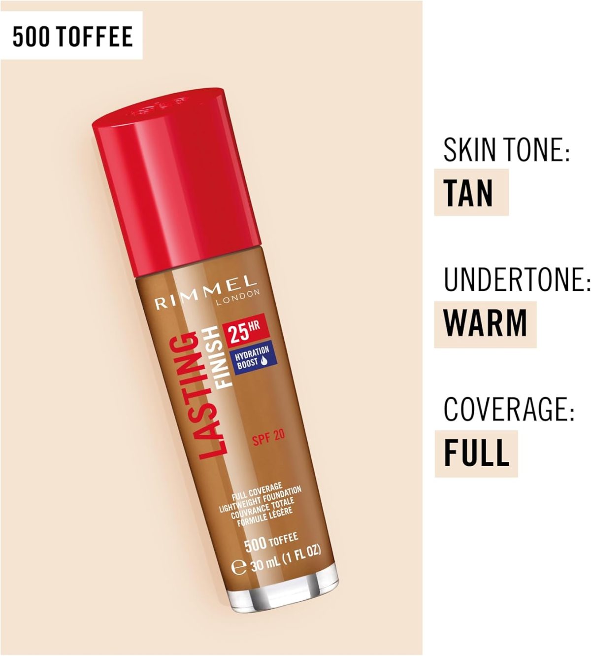 ⁦Rimmel Lasting Finish 25HR Foundation, 500 Toffee⁩ - الصورة ⁦4⁩