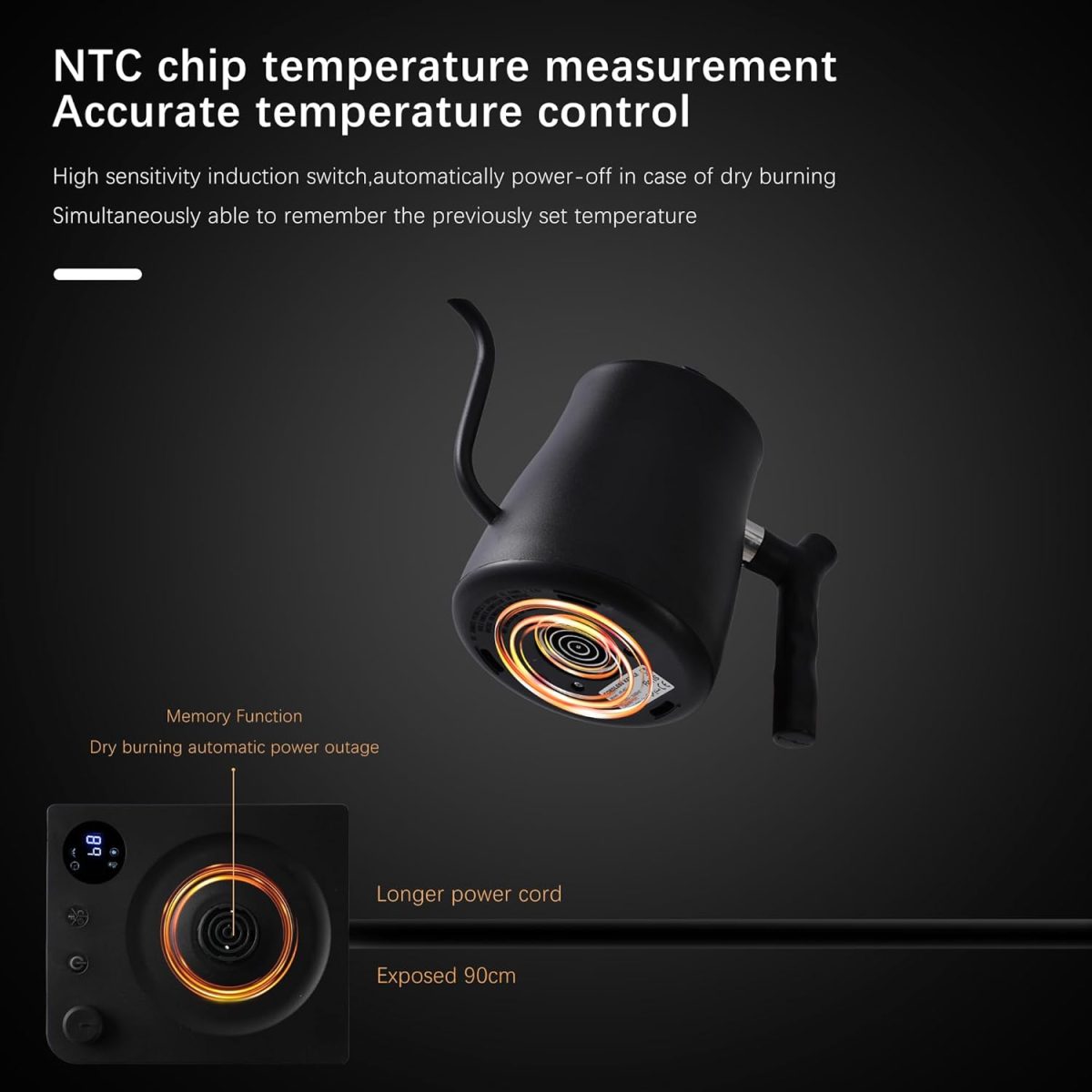 ⁦Smart Gooseneck Electric Kettle 1.0 Liter with Temperature Adjustment, 40-100°C Adjustable, 304 Stainless Steel, 36 Hour Thermal Preservation, Anti-Dry Burn Protection, 1000W Matte Black⁩ - الصورة ⁦4⁩