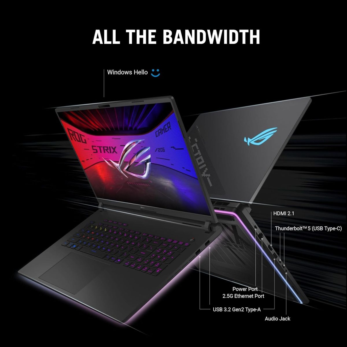 ⁦ASUS ROG Strix SCAR 18 (2025) Gaming Laptop, 18” ROG Nebula HDR 16:10 2.5K 240Hz/3ms, NVIDIA® GeForce RTX™ 5080, Intel® Core™ Ultra 9 275HX, 32GB DDR5-5600, 2TB PCIe Gen 4 SSD, Wi-Fi 7, Windows 11 Pro⁩ - الصورة ⁦8⁩
