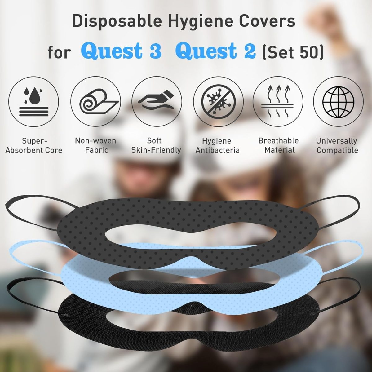 ⁦NALACAL 100-Pack Disposable VR Face Covers, Sweat Guard Masks Compatible with Meta Quest 3, Quest 2, and Apple Vision Pro - Facial Interface Pads in Black & White⁩ - الصورة ⁦3⁩