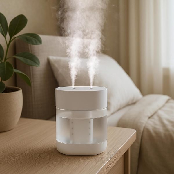 Home Humidifiers with Night Light, 1L Cold Mist Air Humidifier with Two Nozzles, 6 Modes of Aromatherapy Oil Diffuser, Automatic Shut-Off, Suitable for Home, Bedroom, Baby Room, Office