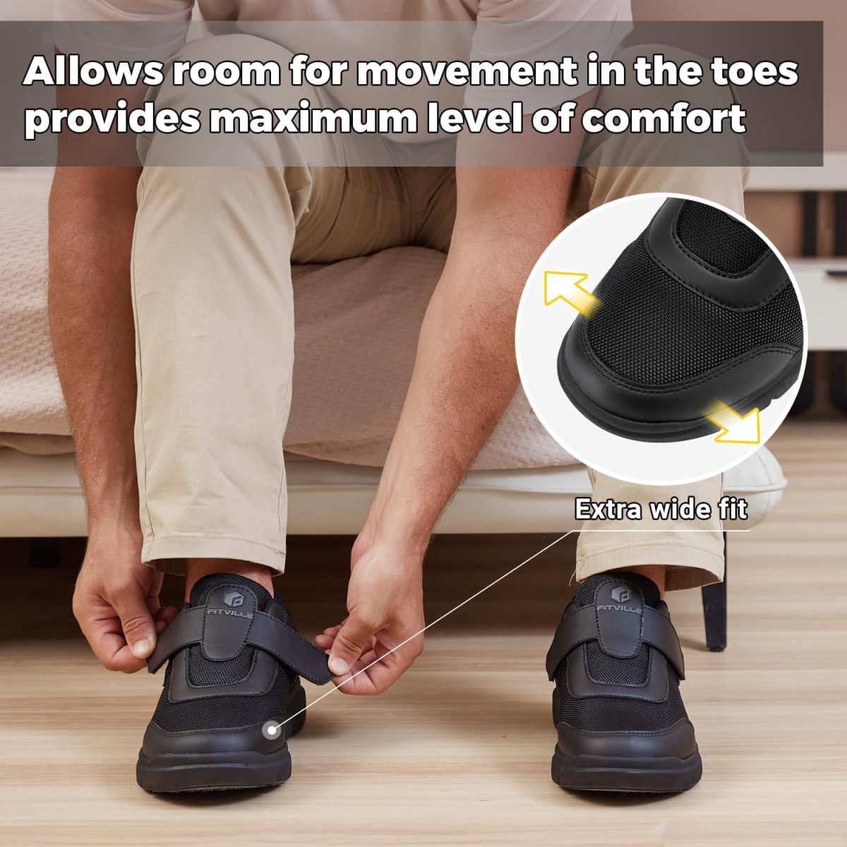 ⁦FitVille Shoes for Men Adjustable Slip-on Extra Wide Walking Shoes for Swollen Feet - EasyTop Duo Strap V4⁩ - الصورة ⁦5⁩