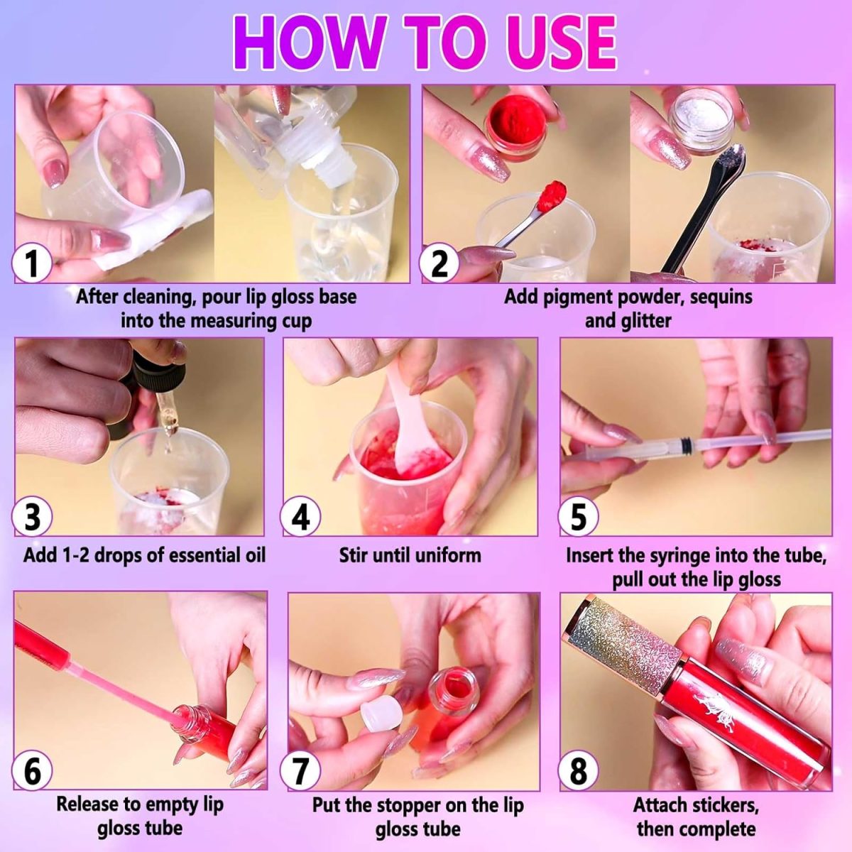 ⁦JCOOS Lip Gloss Making Kit, Lip Gloss Set for Teens Kids Tweens Girls Woman Lip Kit Fun DIY Lipgloss Making Kit, Make Your Own Lip Gloss Kit, Moisturizing Glitter Kids Gifts Stuff for Girls 10-12⁩ - الصورة ⁦8⁩