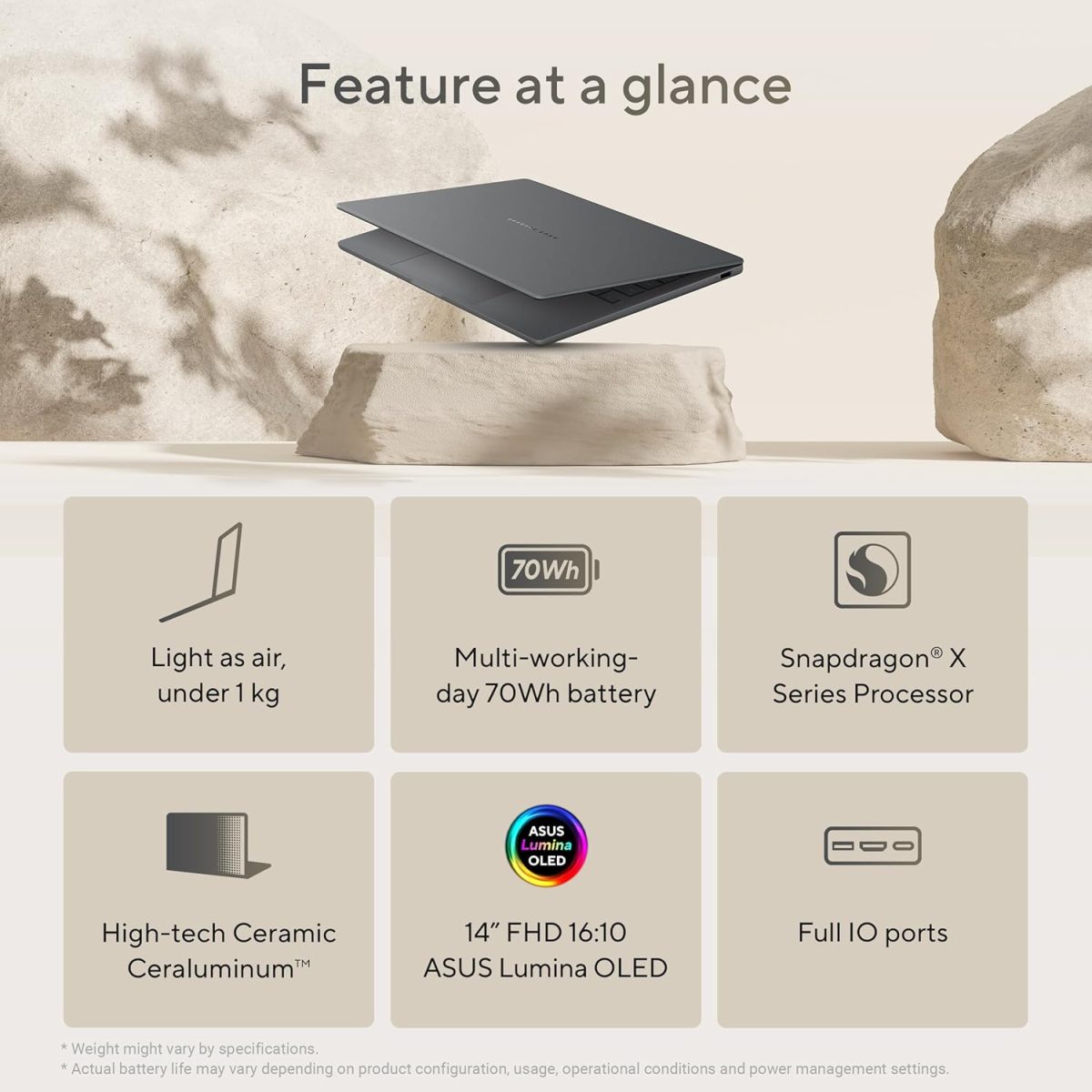 ⁦ASUS Zenbook A14; Copilot+ PC, Ultrathin Laptop, 14” WUXGA OLED, Snapdragon® X Processor, 16 GB Memory, 512GB SSD, Wi-Fi 6E, Zabriskie Beige, UX3407QA-DS52-CB⁩ - الصورة ⁦7⁩