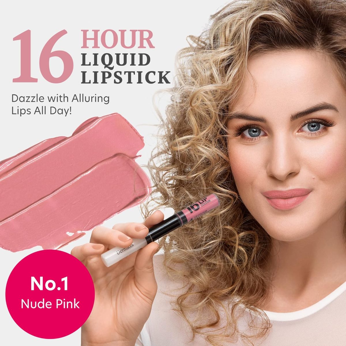 ⁦Dermacol Dc 16-Hour Long-Lasting Liquid Lipstick | Lip Plumper Balm & Colour Gloss | Beauty Cosmetics With Matte And Glitter Finish | Two-Phase Set | Non-Drying Formula | No.1 Nude Pink, 7.1 Ml⁩ - الصورة ⁦2⁩