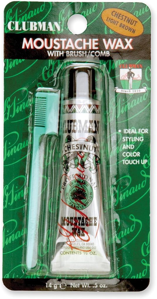 Clubman Mustache Wax for Men – Chestnut Light Brown, Moustache Wax with Brush & Comb, Strong Hold, 0.5 oz, Hang Pack