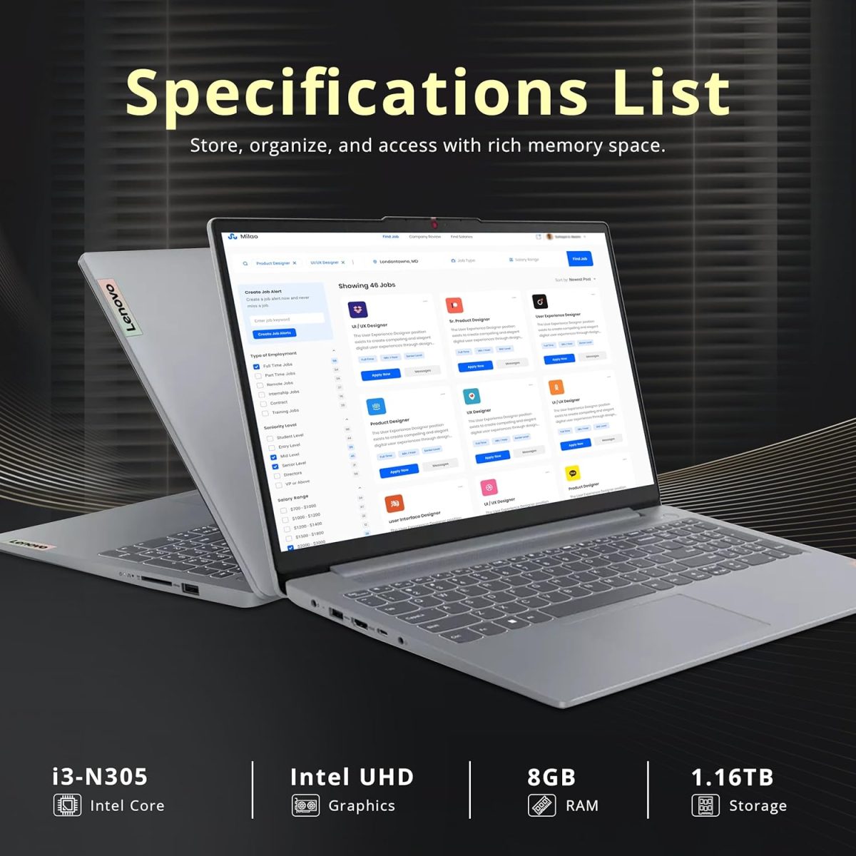 ⁦Lenovo IdeaPad Slim 3 15.6" FHD Anti-Glare Laptop, Intel i3-N305, 8GB LPDDR5, 1.16TB Storage(1TB SSD+160GB Docking Station Set), Num Pad, HD Camera, Dolby Audio, WiFi 6, Win 11, Grey⁩ - الصورة ⁦3⁩
