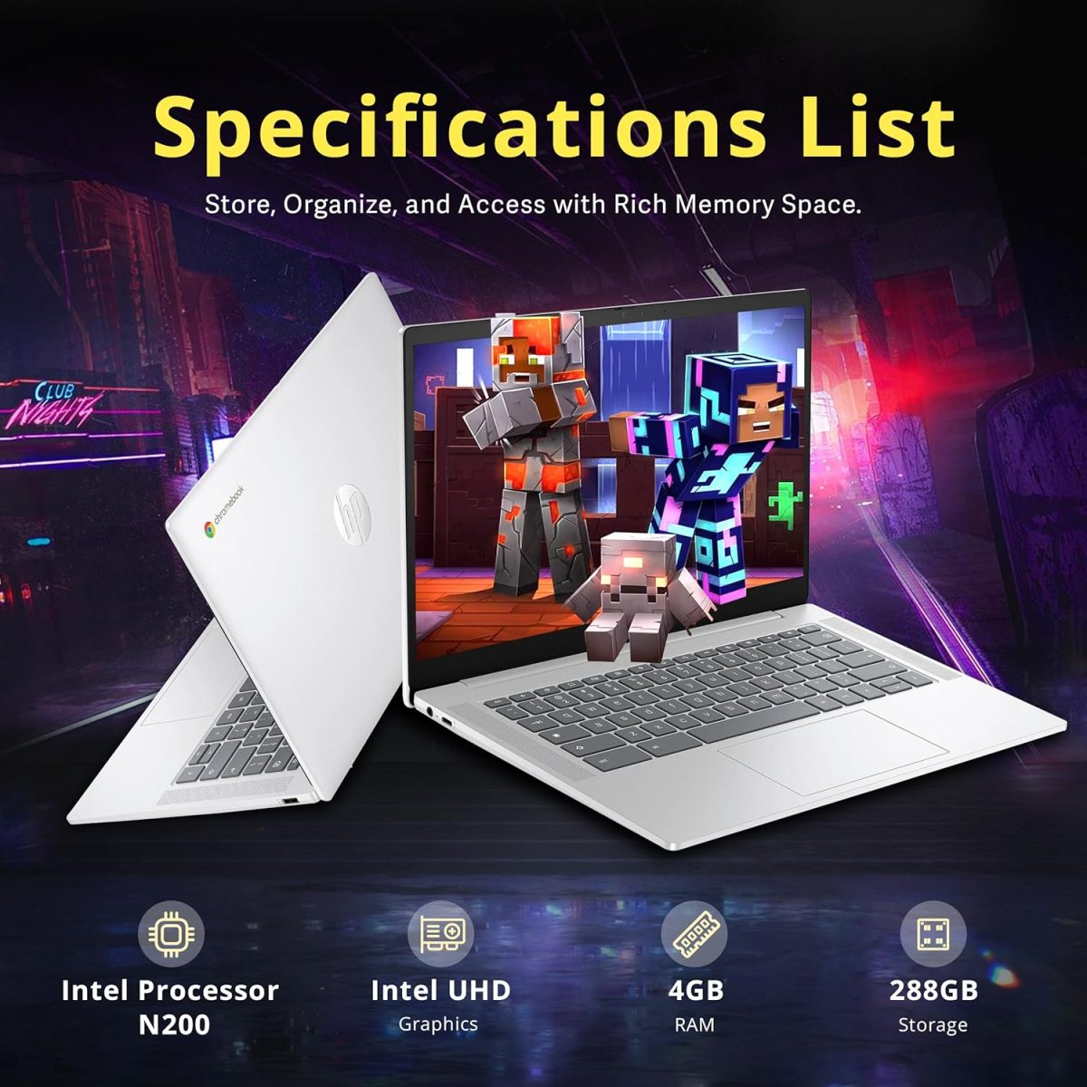 ⁦HP لابتوب كروم بوك 14 انش HD مضاد للتوهج، معالج انتل N200، 4GB LPDDR5، تخزين 288GB (128GB eMMC + قاعدة شحن 160GB)، بطاقة رسومات انتل UHD، واي فاي 6، كاميرا ويب، نظام تشغيل كروم، فضي⁩ - الصورة ⁦3⁩