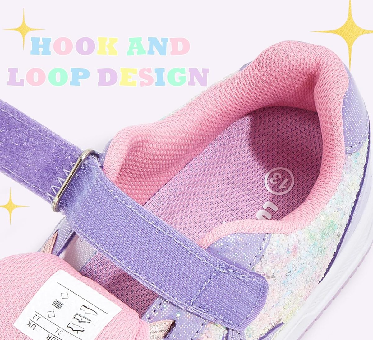 ⁦LUCKY STEP Kid's Glitter Walking Shoes Shiny Sparkly Sequins Fashion Sneakers Hook and Loop Athletic Unisex-Child Casual Running for Children/Boys/Girls⁩ - الصورة ⁦4⁩