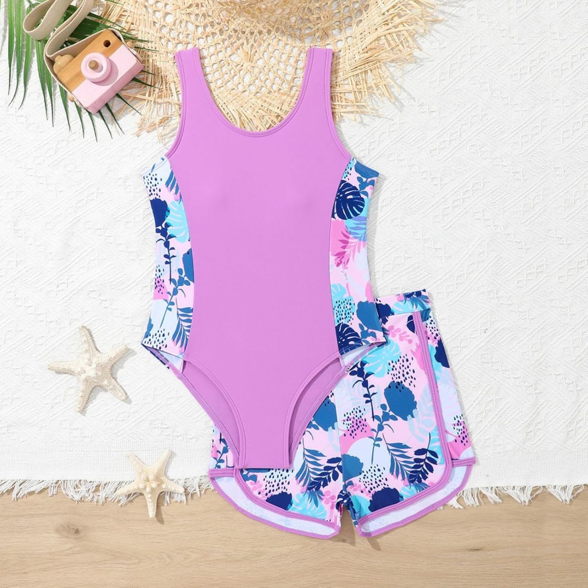 ⁦Xumplo Girls Swimming Costume Tween Girl One Piece Swimsuit with Shorts Young Girls Floral Swimwear Bathing Suit⁩ - الصورة ⁦2⁩