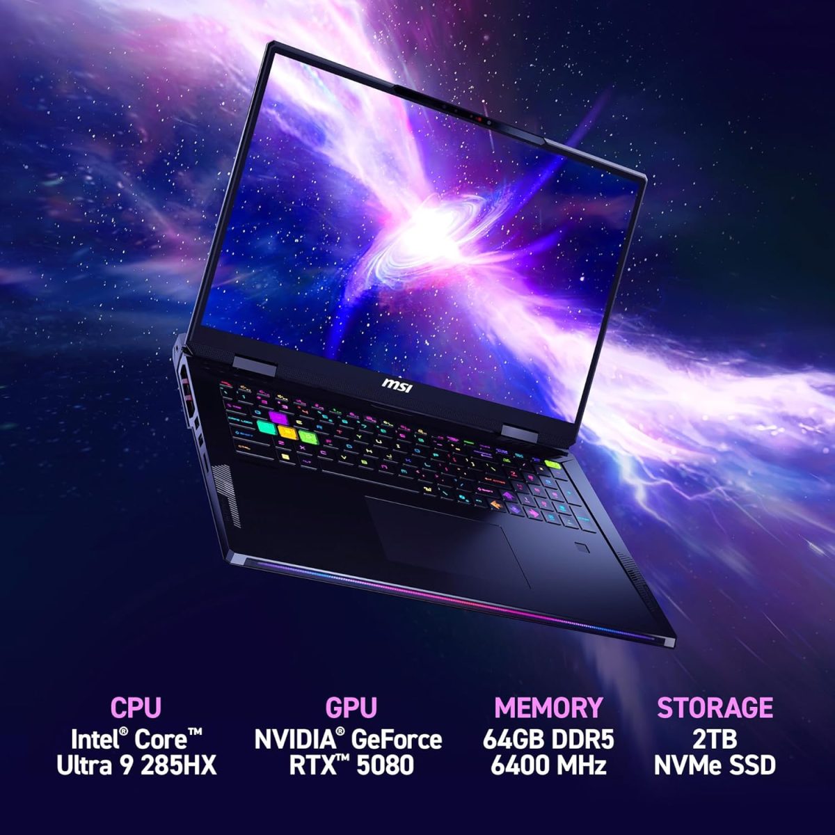 ⁦MSI Raider 18 HX AI 18” 120Hz UHD+ Gaming Laptop: Intel Core U9-285HX, NVIDIA Geforce RTX 5080, 64GB DDR5, 4TB NVMe SSD, Thunderbolt 5, Wi-Fi 7, Win 11 Home: Black A2XWIG-014US⁩ - الصورة ⁦2⁩